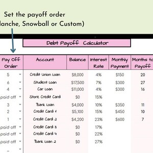 May include: A debt payoff calculator spreadsheet with columns for account, balance, interest rate, monthly payment, months to payoff, and date of payoff. The spreadsheet shows a list of debts with their corresponding balances, interest rates, and monthly payments. The spreadsheet also shows the number of months it will take to pay off each debt and the date the debt will be paid off.