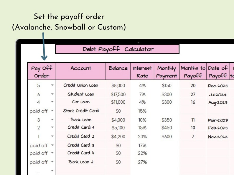 May include: A debt payoff calculator spreadsheet with columns for account, balance, interest rate, monthly payment, months to payoff, and date of payoff. The spreadsheet shows a list of debts with their corresponding balances, interest rates, and monthly payments. The spreadsheet also shows the number of months it will take to pay off each debt and the date the debt will be paid off.