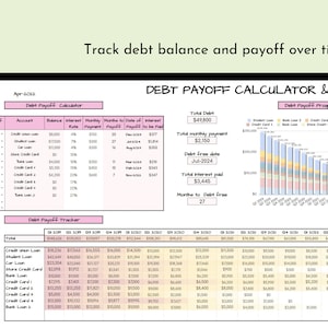 May include: A spreadsheet with a debt payoff calculator and tracker. The spreadsheet shows the balance, interest rate, monthly payment, months to payoff, and date of payoff for each debt. The spreadsheet also includes a graph showing the progress of debt payoff over time.