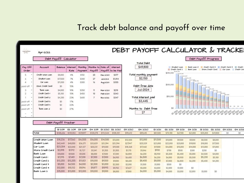 May include: A spreadsheet with a debt payoff calculator and tracker. The spreadsheet shows the balance, interest rate, monthly payment, months to payoff, and date of payoff for each debt. The spreadsheet also includes a graph showing the progress of debt payoff over time.