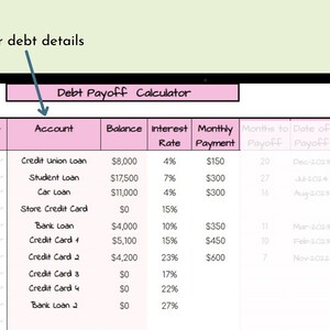 May include: A debt payoff calculator spreadsheet with columns for account, balance, interest rate, monthly payment, months to payoff, date of payoff, and interest to be paid. The spreadsheet includes entries for a credit union loan, student loan, car loan, store credit card, bank loan, and several credit cards.