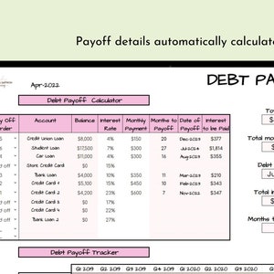 May include: A debt payoff calculator spreadsheet with a pink and white color scheme. The spreadsheet shows a list of debts, their balances, interest rates, monthly payments, and the date each debt will be paid off. The spreadsheet also shows the total debt, total monthly payment, debt free date, and total interest paid.