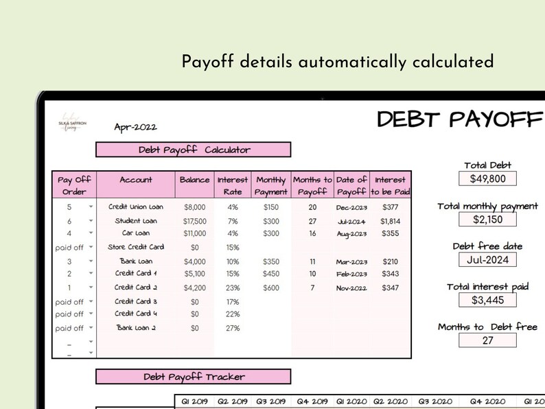 May include: A debt payoff calculator spreadsheet with a pink and white color scheme. The spreadsheet shows a list of debts, their balances, interest rates, monthly payments, and the date each debt will be paid off. The spreadsheet also shows the total debt, total monthly payment, debt free date, and total interest paid.