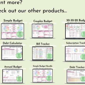 May include: A collage of nine computer screens displaying various budget and finance spreadsheets. The spreadsheets are organized into categories: Simple Budget, Couples Budget, 50-30-20 Budget, Debt Calculator, Bill Tracker, Subscription Tracker, Annual Budget, Simple Budget Bundle, and Debt Tracker. Each spreadsheet features a colorful pie chart and a table with rows and columns.