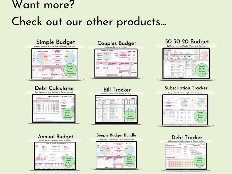 May include: A collage of nine computer screens displaying various budget and finance spreadsheets. The spreadsheets are organized into categories: Simple Budget, Couples Budget, 50-30-20 Budget, Debt Calculator, Bill Tracker, Subscription Tracker, Annual Budget, Simple Budget Bundle, and Debt Tracker. Each spreadsheet features a colorful pie chart and a table with rows and columns.