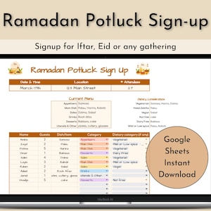 Puede incluir: Una captura de pantalla de un formulario de registro de Google Sheet para un potluck de Ramadán. El formulario incluye secciones para la fecha y la hora, la ubicación, los asistentes, el menú actual, las consideraciones dietéticas, el nombre, los invitados, el plato/artículo, la categoría y la categoría dietética. El formulario se titula "Ramadan Potluck Sign-up" y tiene un fondo marrón con un borde decorativo.