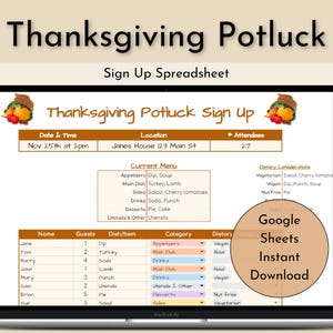 Inscripción para la comida compartida de Acción de Gracias, Planificador de Hojas de Cálculo de Google (Descarga digital)