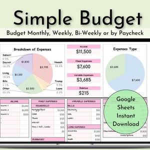 Budget Planner for Google Sheets, Monthly Budget Template, Google Sheets Budget Template, Paycheck Budget, Simple Budget Dashboard