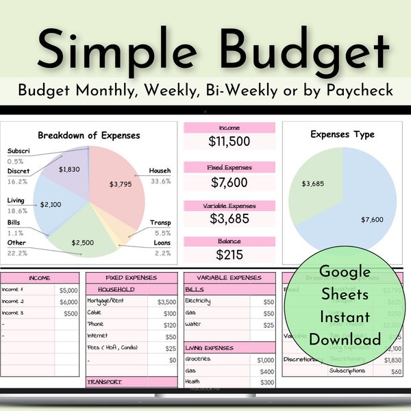 Budget Planner for Google Sheets, Monthly Budget Template, Google Sheets Budget Template, Paycheck Budget, Simple Budget Dashboard