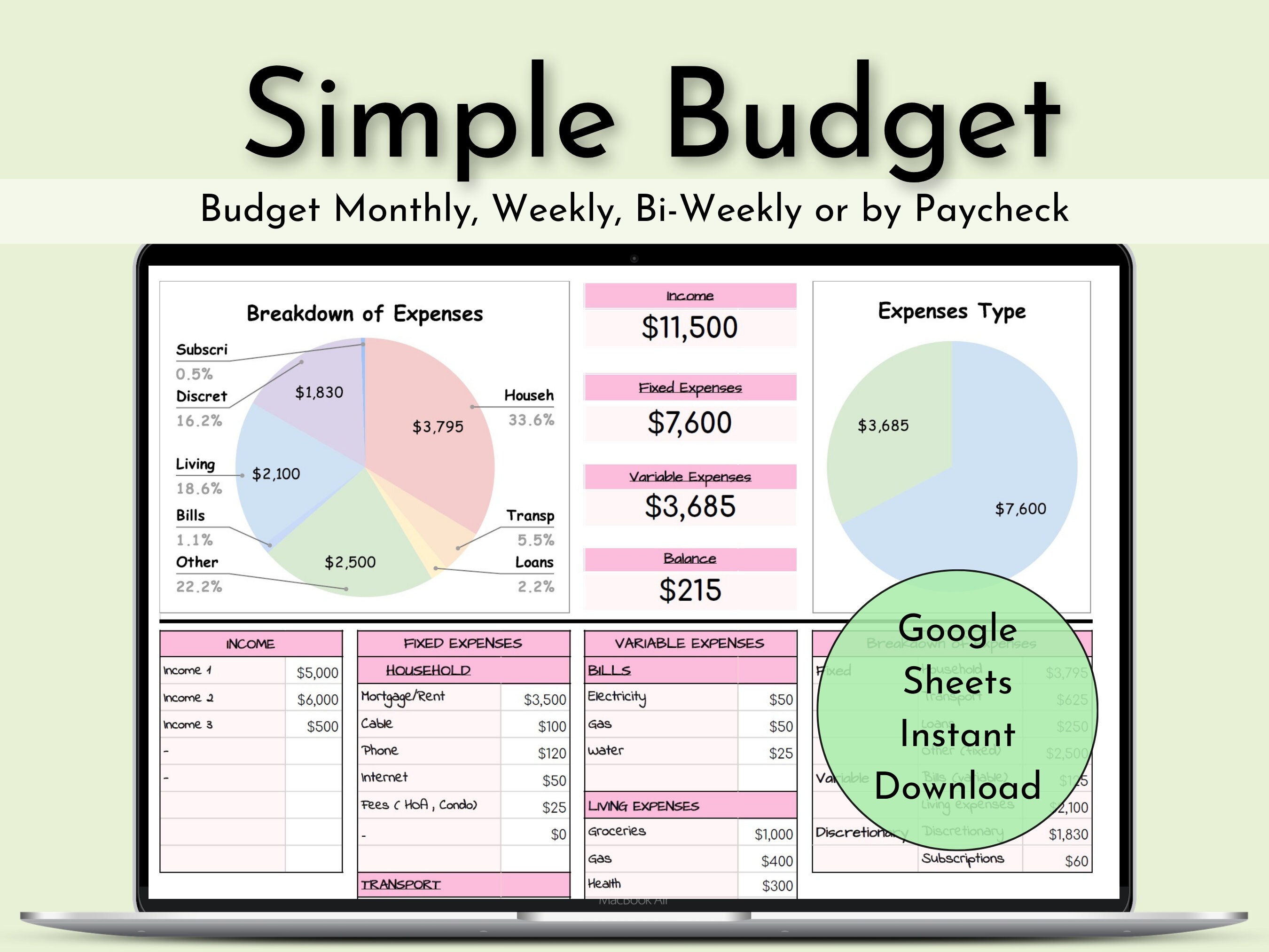 Budget Planner for Google Sheets, Monthly Budget Template, Google ...
