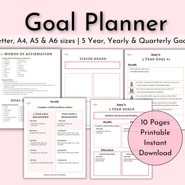 Goal Planner Printable, Fillable, Weekly, Monthly, Quarterly, Yearly, 5 Year Goals, SMART Goal, New Year, Vision Board, Reflections, A4, A5