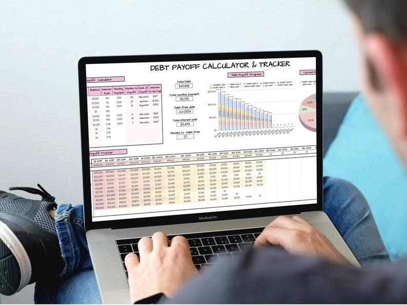 May include: A laptop screen displaying a debt payoff calculator and tracker spreadsheet. The spreadsheet includes columns for balance, interest rate, monthly payment, months to time of interest, payoff in full, and total debt. The spreadsheet also includes a chart showing the progress of debt payoff over time.
