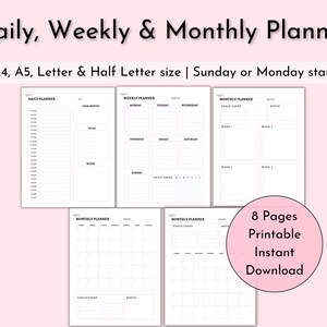 Daily, Weekly & Monthly Planner, Printable Planner, Planner Insert, Monthly Schedule, Daily Schedule, Monthly Goals, Monthly Overview