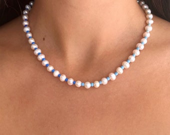 Blue Ombré Beaded and White Pearl Necklace by Deux • Minimalist • Dainty • Gifts for Mom • Gifts for her • Bridesmaid Gifts • Birthday Gifts