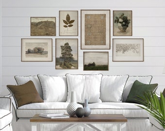 Juego de 8 láminas para pared, estampados vintage en tonos verdes neutros, decoración campestre francesa.