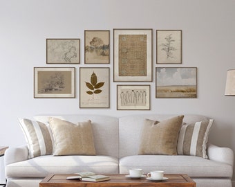 Gallery Wall Set of 8, Neutral Vintage Prints, Farmhouse Wall Decor #302