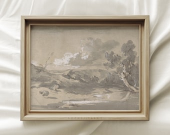 Vintage Neutral Landscape Print, Beige Watercolor Sketch Art, Landscape Painting Print, White Clouds, Trees, Mountain MAILED ART PRINTS #340