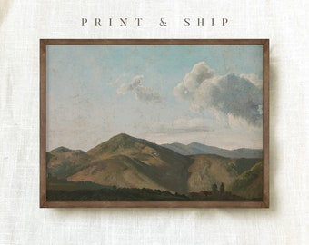 Stampa di un dipinto di paesaggio montano dai colori tenui, decorazione murale in stile rustico vintage, dipinto ad olio di paesaggio naturale n. 155