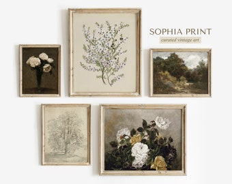 Vintage Cottage Gallery Wall Set, Green Tone Prints, Living Room Decor #657