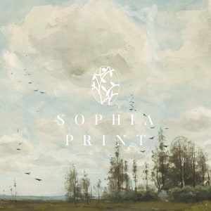 May include: A watercolour painting of a landscape with a cloudy sky and a forest in the distance. The text "SOPHIA PRINT" is in the centre of the image.