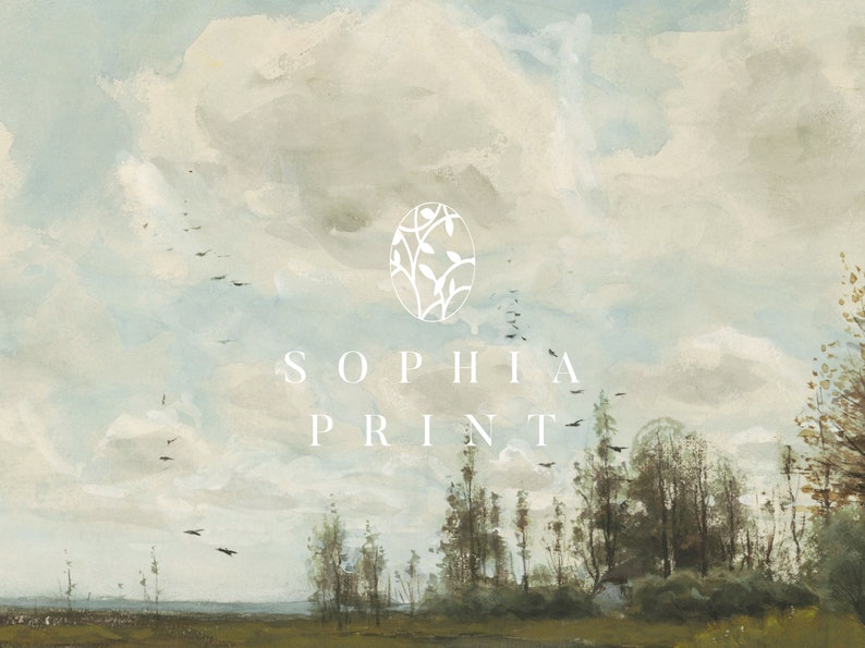 May include: A watercolour painting of a landscape with a cloudy sky and a forest in the distance. The text "SOPHIA PRINT" is in the centre of the image.