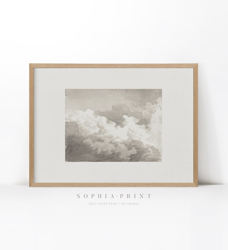 May include: A framed print of a watercolour painting of clouds in shades of grey and white. The print is in a light wood frame and has the text "Sophia Print" and "Only Paper Print / No Framed" below the image.