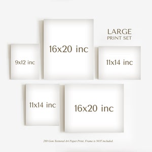 May include: A set of four white rectangular frames with brown text indicating the size of each print in inches. The text "LARGE PRINT SET" is at the top of the image. The text "280 Gsm Textured Art Paper Print. Frame is NOT included." is at the bottom of the image.