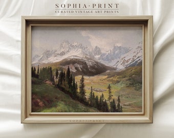 Vintage bergkunstdruk, kunst aan de muur bergvallei, landschapsschilderkunst, kunstafdrukken, muurdecoratie