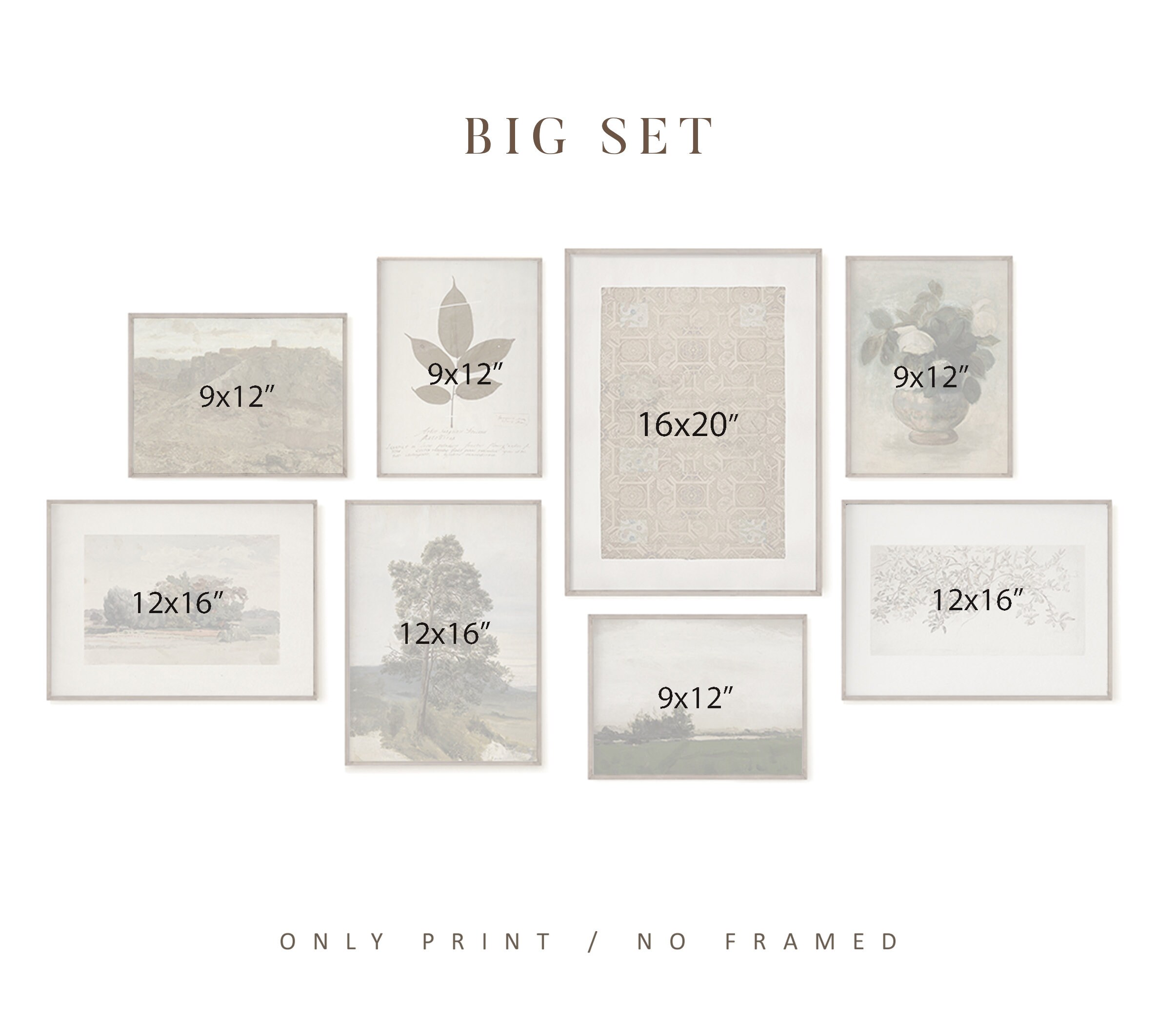 Gallery Wall Set of 8, Green Neutral Vintage Prints, French Country ...