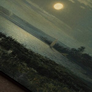 May include: A painting of a moonlit seascape with a sailboat in the distance. The water is calm and reflective, and the sky is a deep blue. The moon is a bright white circle in the sky.