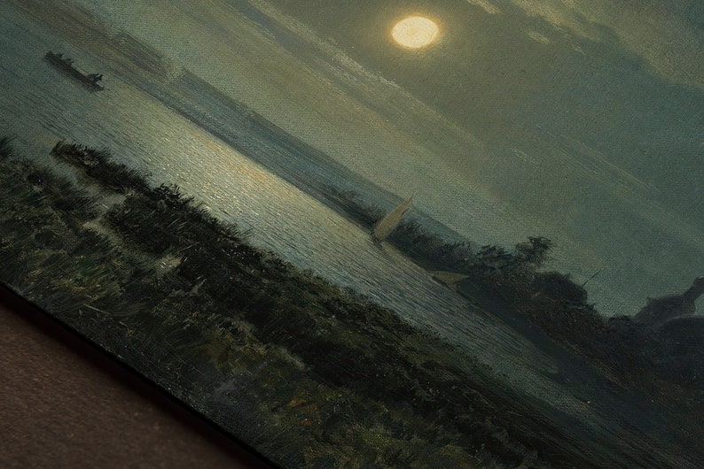 May include: A painting of a moonlit seascape with a sailboat in the distance. The water is calm and reflective, and the sky is a deep blue. The moon is a bright white circle in the sky.