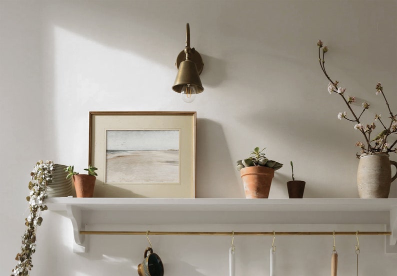 May include: A white shelf with a brass light fixture, a framed picture, three potted plants, a vase with a branch of white flowers, and a brass rod with hooks hanging from it.