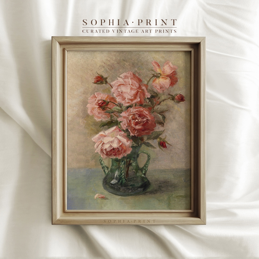 Pink Roses in the Vase Print, Vintage Pink Roses Painting Print ...
