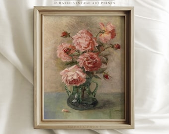 Pink Roses in the Vase Print, Vintage Pink Roses Painting Print, Vintage Flowers Art Print, Florals Painting Art Print #440