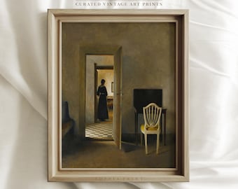May include: A vintage painting of a woman in a dark dress standing in a doorway, looking into a room with a chair and a table. The room is painted in warm tones of brown and yellow.