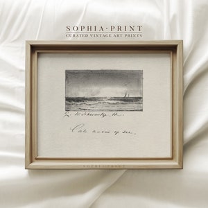 Puede incluir: Un dibujo vintage en blanco y negro de un paisaje marítimo con un velero en la distancia. El dibujo está enmarcado en un marco de madera clara y tiene el texto "J.W. Schwerty. 12. Cate arome of 20." escrito debajo.