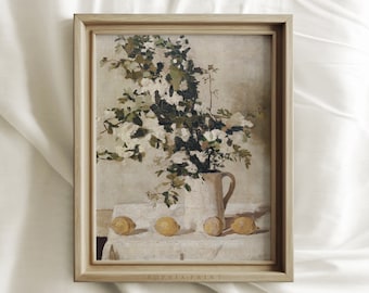 Flowers And Lemons, White Flowers And Vase Oil Paint, Farmhouse Decor, Mailed Print, Vintage Art Print, Sophia Print, Shipped Print #57