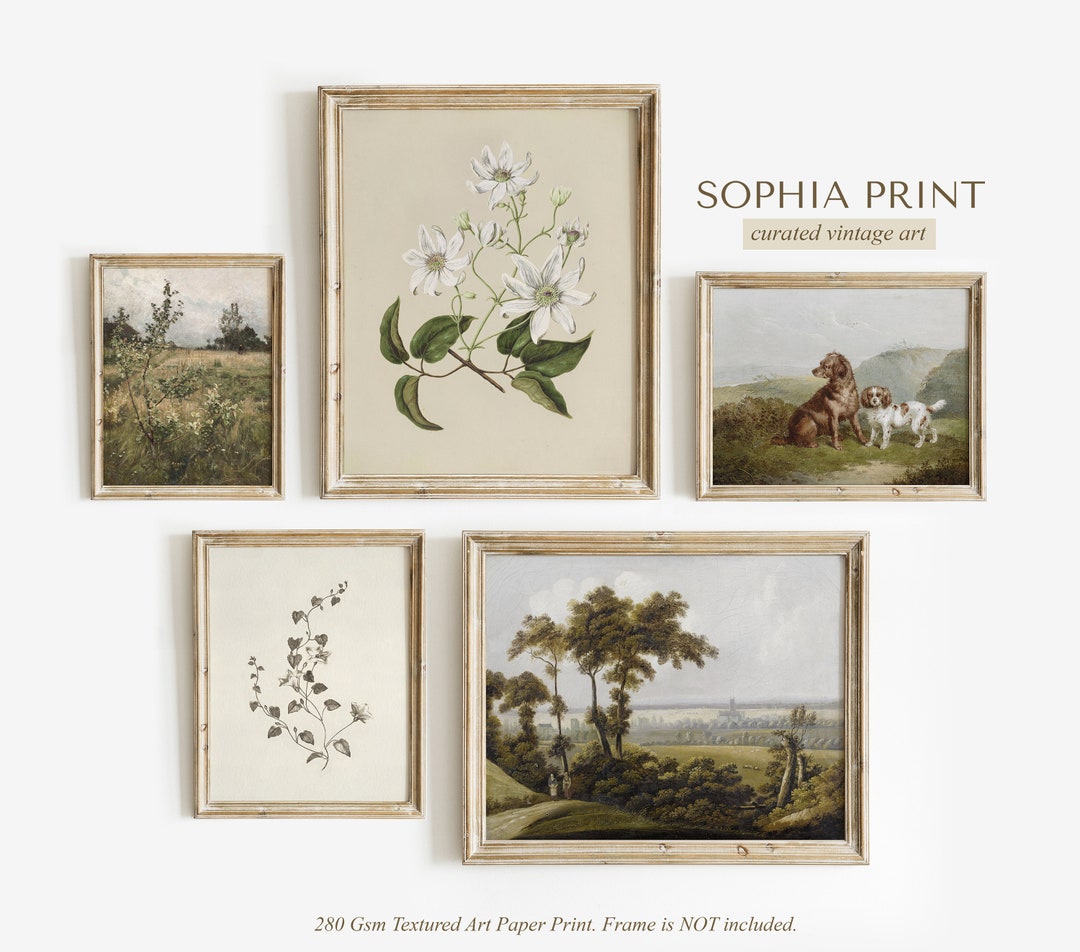 Spring Gallery Wall Set of 5, Green Tone Vintage Prints, Bedroom Decor ...
