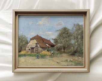 Könnte beinhalten: Ein gerahmtes Gemälde, das eine ländliche Szene mit einem Bauernhaus, Bäumen und Figuren im Vordergrund zeigt. Der Himmel ist blau mit weißen Wolken. Das Gemälde befindet sich in einem hellen Holzrahmen mit dem Text "SOPHIA PRINT" am unteren Rand.