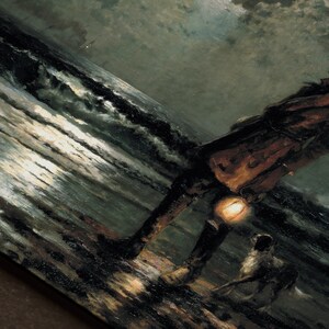 May include: A painting of a man in a dark coat and hat walking along a beach at night with a lantern. The man is accompanied by a dog. The beach is illuminated by the moon and the lantern.