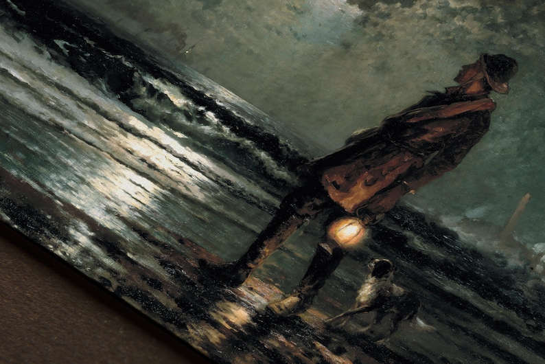 May include: A painting of a man in a dark coat and hat walking along a beach at night with a lantern. The man is accompanied by a dog. The beach is illuminated by the moon and the lantern.