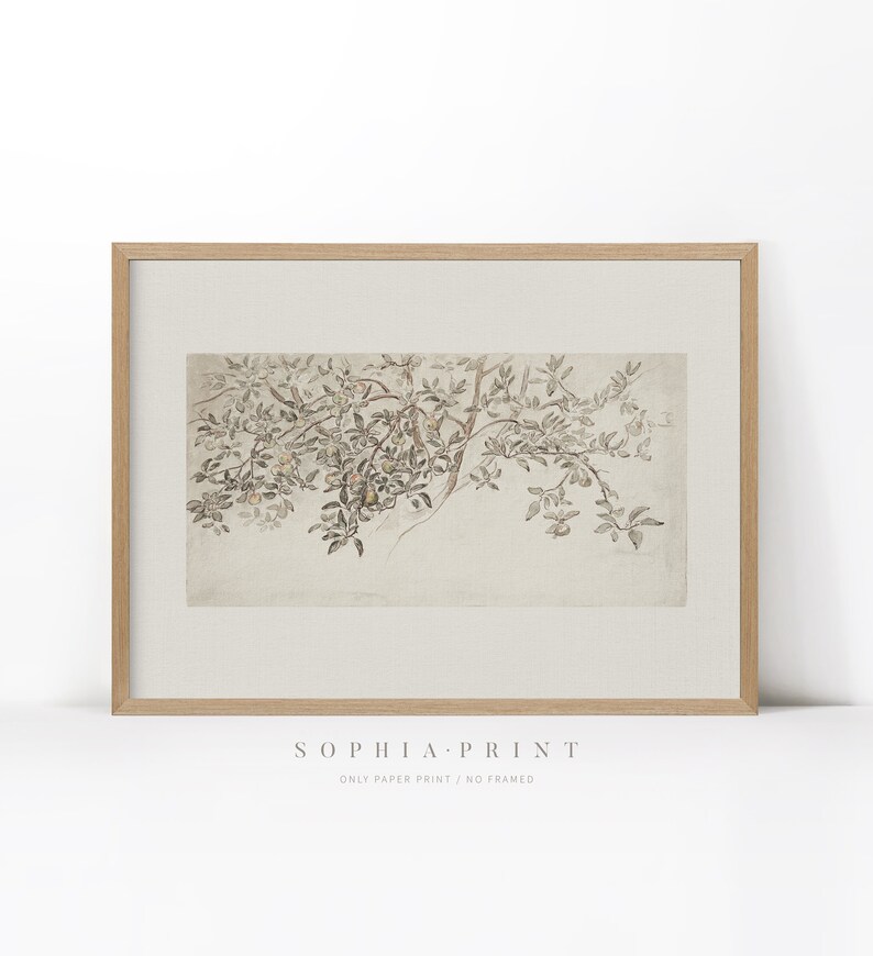 Op de afbeelding: Een ingelijste print van een aquarel van een tak met bladeren en vruchten. De achtergrond is lichtbeige. De print is in een licht houten lijst.