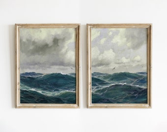 Vintage Seascape Art Print Set of Two, Muted Seascape Print, Moody Green Blue Ocean, Antique Print, Coastal Oil Painting #454