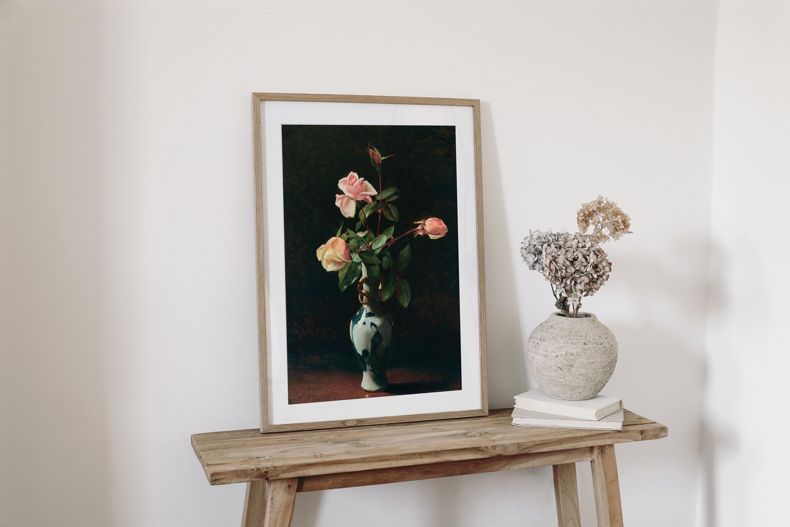 暗闇と花瓶のバラの絵画プリント、暗くピンクの花のアートプリント