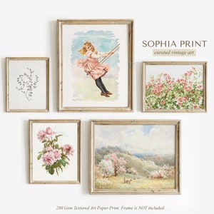 Girls Room Vintage Gallery SET, Print Set of 5, Nursery Wall Decor, Soft Pink Green Tone Print, Swing Art, Flower Print, Lamb Painting #677