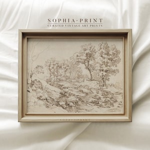 Vintage Landscape Sketch Art Print, Neutral Tone, Beige Drawing Prints, Scenery Drawing Wall Art, Farmhouse Wall Decor #358