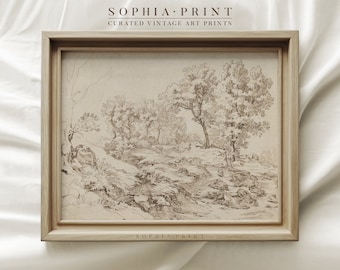 Vintage Landscape Sketch Art Print, Neutral Tone, Beige Drawing Prints, Scenery Drawing Wall Art, Farmhouse Wall Decor #358