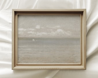Vintage Coastal Wall Art, Muted Sail Boat Print, Beige Seascape Painting, Neutral Sailing #312