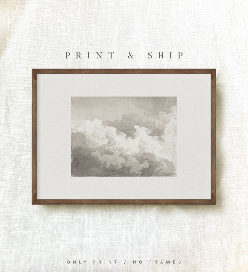 May include: A framed print of a watercolour painting of a cloudy sky in shades of grey. The print is in a brown frame and is ready to be hung on a wall.