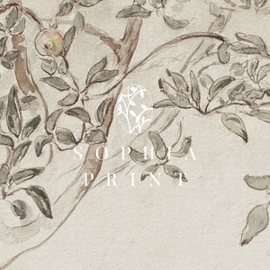 Op de afbeelding: Een aquarel schilderij van een tak met groene bladeren en bruine takken. De boom is geschilderd op een licht beige achtergrond. De tekst "Sophia Print" is zichtbaar in het midden onderaan de afbeelding.